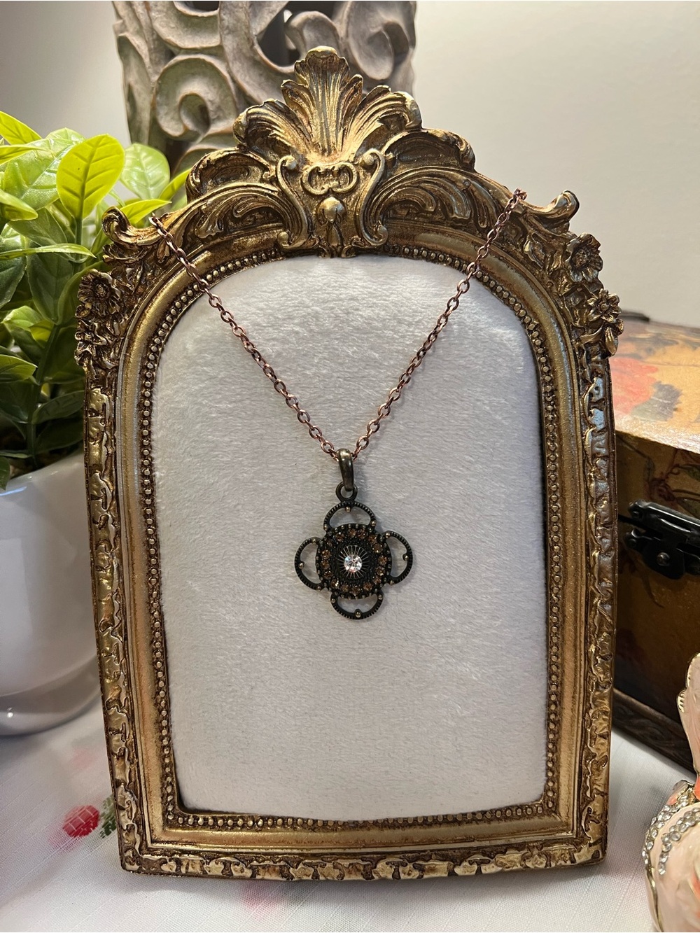 Lia Sophia Rose Gold and Dark Metal Floral Pendant Necklace